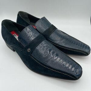 Mauri 754 Ostrich Leather Suede Loafers Men’s 8 Blue Italian Luxury Dress Shoes